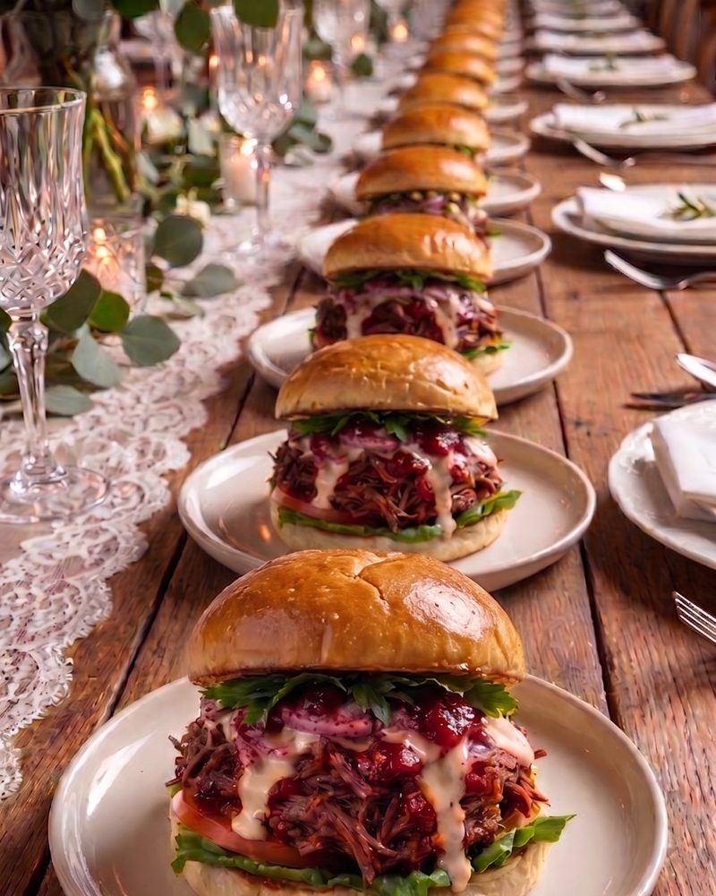 Short-rib brioche sandwiches plated along a long candlelit wedding table