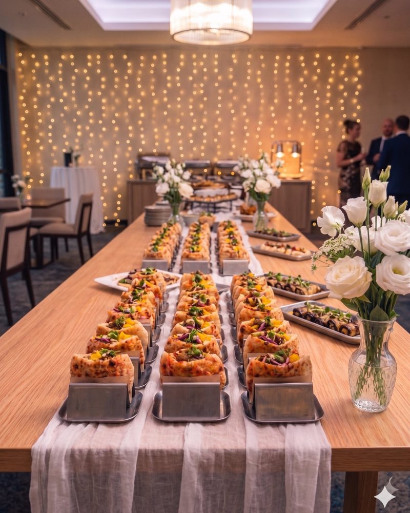 Pita station with rows of stuffed pita and a fairy-light backdrop at an event