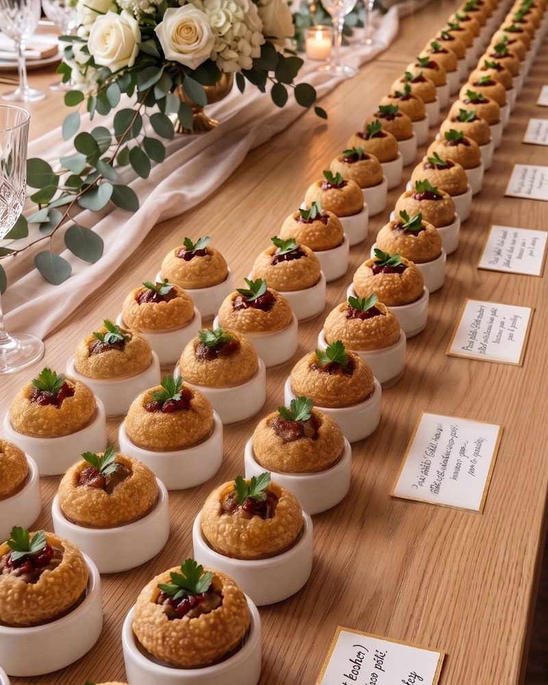 Rows of puri pâté in white ceramic ramekins on a wooden table with menu cards