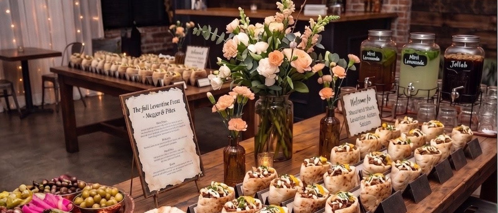 The full feast — mezze, pitas, hummus, salads and house drinks at a Brooklyn event